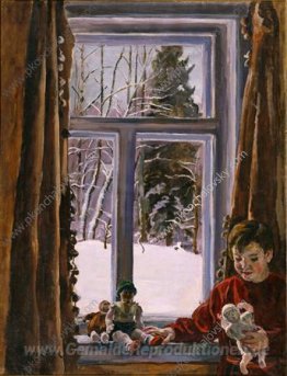 Katya mit einer Puppe durch das Fenster