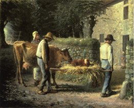 Bauern, Bringing home ein Kalb geboren in den Felder