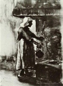 Frau mit Kettle durch den Kamin