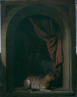 Eine Katze, die am Fenster eines Malerateliers