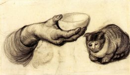 Hand mit Schüssel und eine Katze
