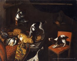 Stillleben mit totem Hasen und Vögeln, Sessel, Jagdhunde, Jagdge