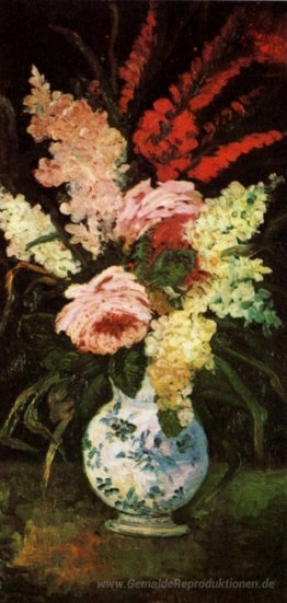 Vase mit den Gladioli und Flieder