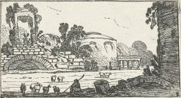 Landschaft mit Ruinen und Hirten mit Schafen