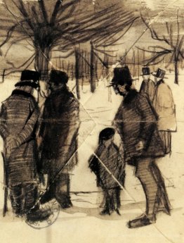 Fünf Männer und ein Kind im Schnee