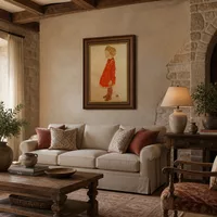 Kleines Mädchen mit blonden Haaren in einem roten Kleid — Italienische Villa