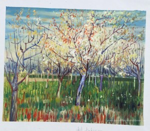 Obstgarten mit blühenden Aprikosen-Bäumen