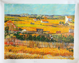 Ernte am La Crau mit Montmajour im Hintergrund
