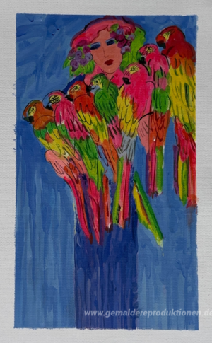 Blaue Dame mit Papageien